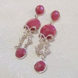 Raspberry Lucite Rhinestone Bow Drop Earrings